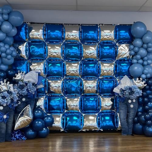 Metallic Navy Blue Pearl Blue and Silver Square Foil Balloon Wall,19 Inches Double Sided Chrome Square Balloons Tunnel Arch Kit for Birthday,Bachelorette,Anniversary,2025 Graduation Party Decorations by FunHot - Used condition - Image 7
