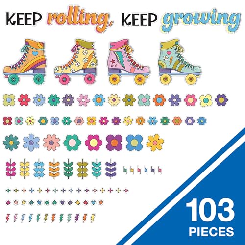 Conjunto de quadro de avisos motivacional Happily Ever Elementary Retro Remix 103 peças, patins, flo