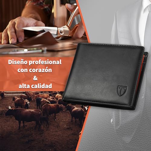 Miniatura 5 de Teehon Cartera Para Hombre, Monedero Con Rfid Bloqueo Con 10 Ranuras, 2 Compartimentos Para Billetes, 1 Bolsillo Para Monedas Con Botón, 1 Llavero Y Regalo Caja - Naranja Negro
