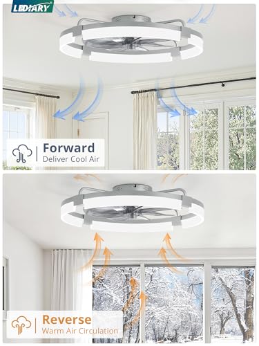 Image of LEDIARY 24 inch Ceiling Fans with Lights and Remote, Modern Low Profile Ceiling Fan, 3 CCT, Stepless Dimmable, Fandelier Flush Mount Fan Light, 6 Speeds, DC Motor, App & Remote Control for Bedroom(Grey)