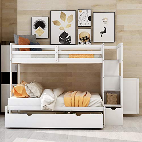 Citylight Bunk Beds Twin Over Full/Twin With Stairs, Wood Bunk Beds With Storage Drawers And Shelves, Convertible Bottom Bed, Stairway Bunk Bed For Bedroom,Dorm,White #TOP2