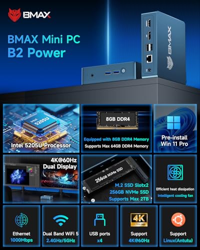 Image of Bmax B2 Power Mini PC, Intel 5205U, 8GB DDR4 RAM, 256GB NVMe SSD, Mini Desktop Computer Supports 4TB Storage & 64GB RAM, HDMI 1.4&DP 1.2, 4K Dual Display, 2.4G /5G WiFi, BT 5.0 for Home Office
