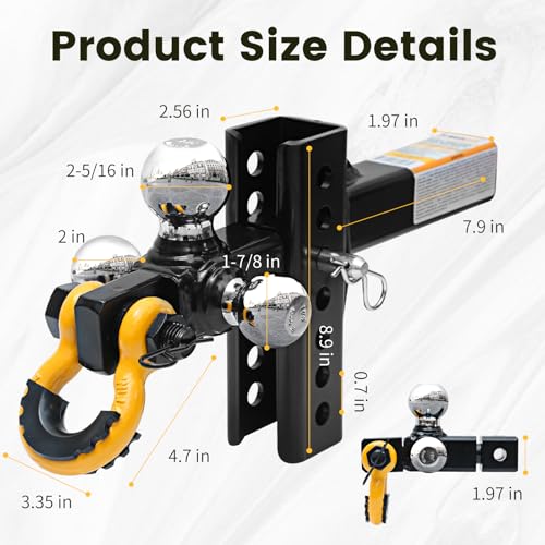 Image of MaxxHaul Adjustable Tri-Ball Hitch Mount with Rotating Tow Shackle & D-Ring Fits 2 inch Receiver 1-7 /8 inch 2 inch 2-5 /16 inch Balls 12000 lb Capacity 5 inch Drop Rise 51003