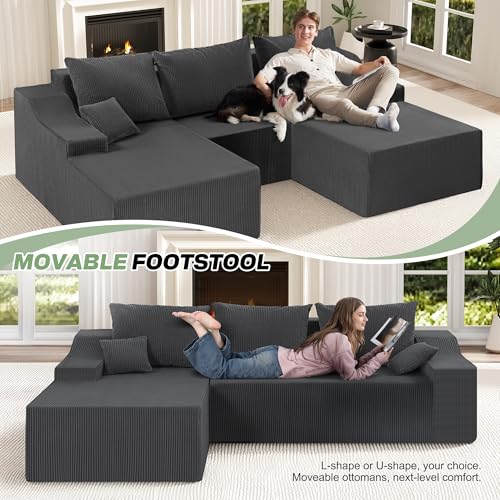 Image of HABUTWAY 94 inch U Shaped Modular Sectional Couch for Living Room, Modular Cloud Sofa with Ottoman, No Assembly Boneless Couches with Deep Seat, Corduroy Fabric (Grey, Left Facing)