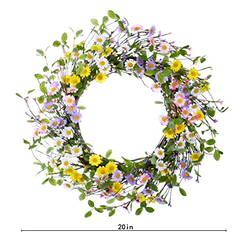 Violetevergarden Spring Wreath,20” Artificial Flower Wreath With Colorful Daisies,Spring And Summer Floral Wreath For Front Door Indoor Wall Window Decor,Spring Front Door Wreath For Home Decor #TOP1