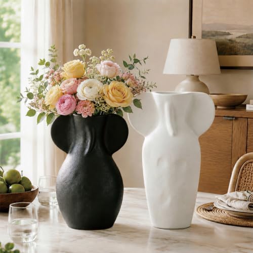 LESOON Modern Ceramic Body Vase Set of 2, Two Size Abstract Sculptural Flower Vases for Home Decor, Minimalist Nordic Decorative Vase for Living Room, Bedroom, Table and Shelf Decor- Black & White