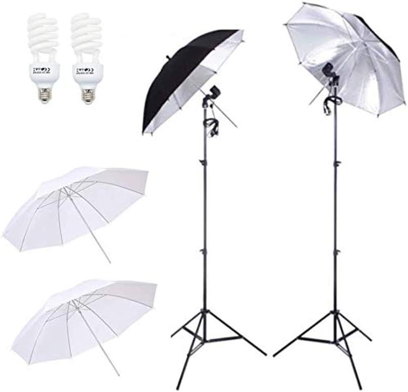 Foto&Tech Photography 33" Umbrella Studio Lighting Kit–2 White Umbrellas, 2 Black-Silver Umbrella Reflectors, 2 Light Stands, 2XSwivel Sockets, 2X 45W CFL, Carry Bag for Product Portrait Video Shoot