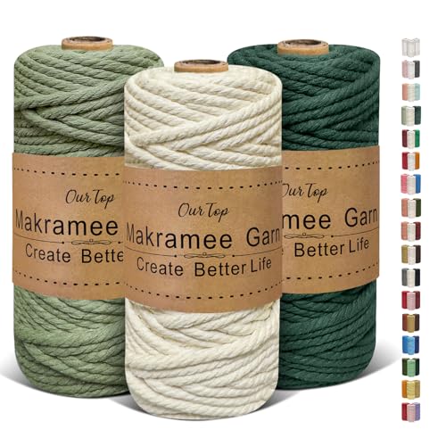 OurTop Premium Makramee Garn 3er Set 5mm x 40m Macrame Cord Makramee Schnur Makramee Kordel Garn für DIY Handwerk Weben Dekoration Hängepflanze Pflanze Aufhänger(Natur Hellgrün Dunkelgrün)