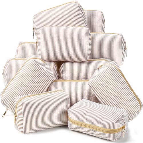 Sanwuta Pcs Seersucker Cosmetic Bags Bulk Seersucker Makeup Bags Stripe Women Pouch Large Preppy Storage Pouch Toiletry Travel for Wedding Bridesmaid Bride Favor Back to Teacher Gift(Khaki 12)