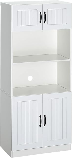 HOMCOM Kitchen Cupboard, 5-Tier Storage Cabinet with Adjustable Bottom Shelf, Open Microwave Countertop, White