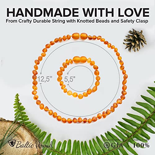 Baltic Proud Raw Amber Necklace and Bracelet Gift Set (Unisex Honey Raw 12.5 Inches/5.5 Inches) - Certified Premium Quality Raw Baltic Sea Amber