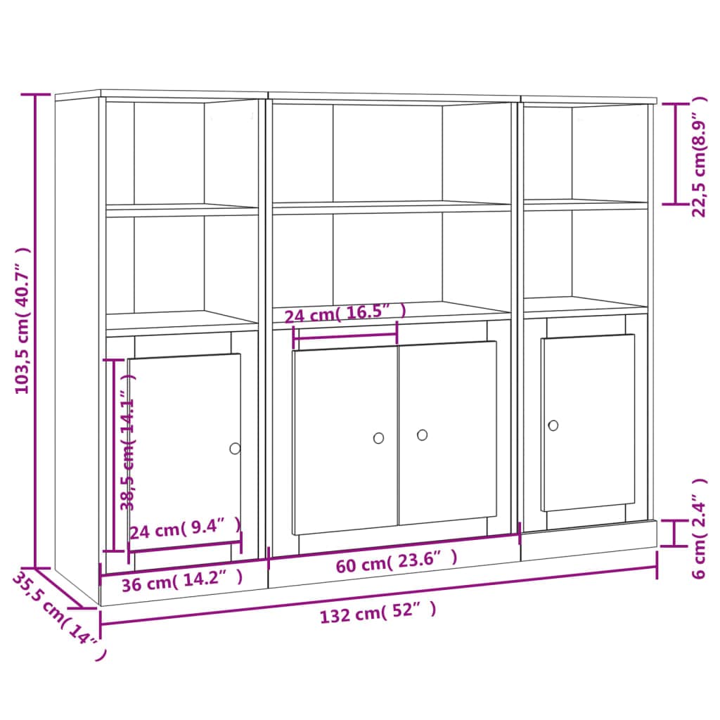 Juego de 3 tablas elevadas de roble Sonoma, 132 x 35,5 x 103,5 cm, material de madera, aparador moderno para salón, pasillo, dormitorio con soporte de pared
