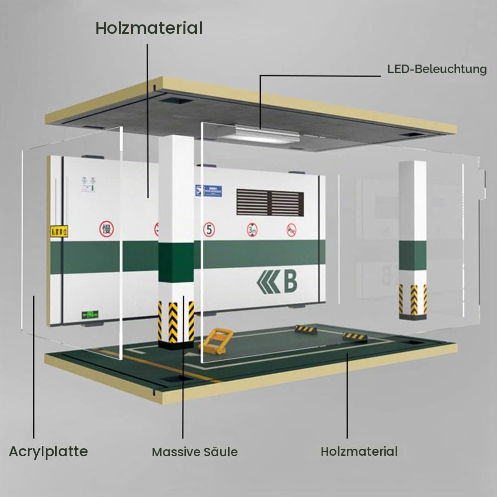 WANLIAN Realistische Garage-Szene Modellauto Display-Box mit LED-Beleuchtung | USB-Vitrine mit LED-Beleuchtung zum Präsentieren von Modellmodellen, Objekten