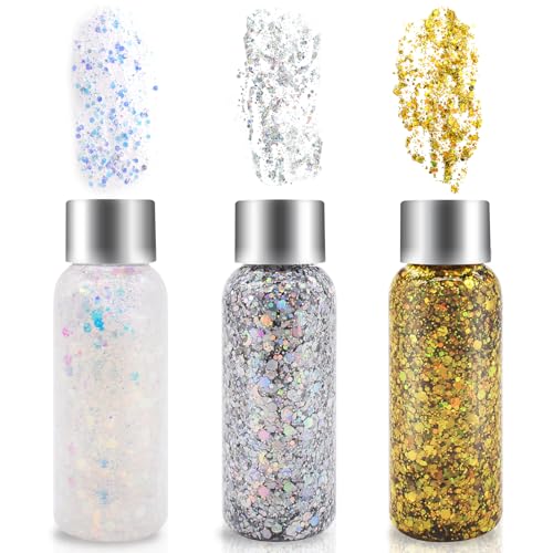 AOKITO Festival Gel Glitterato per Viso e Corpo – 3 Flaconi di Gel Glitter con Cucchiai, Glitter Spesso per Carnevale, Festival, Mascherata e Trucco da Festa