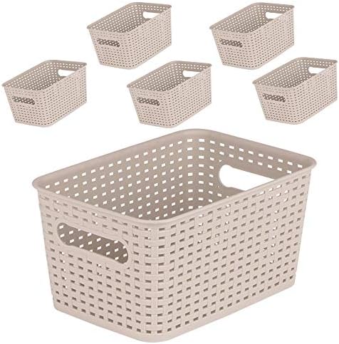 MBKO Plastic Storage Basket - Kitchen Office Pantry Organizer Bins (Small-6PK, Beige)