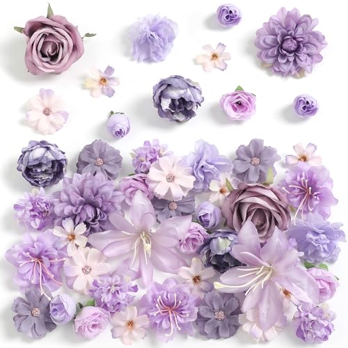 rongflower Fake Flower Heads for Crafts - Purple Silk Artificial Roses, Peonies, Daisies & Mini Floral Heads Bulk (48-Pack) for Wedding Decor, Graduation Cap, Cake Topper, Baby Shower, Home Decoration