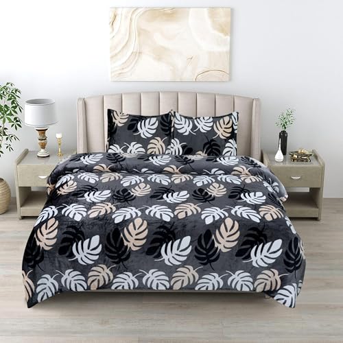 Image of Amor Super Soft 200 GSM Flannel Double Bedsheet with 2 Pillow Covers | Warm Printed Bedsheet for Double Bed (90 x 100 Inches) | Cozy Winter Bedding Set (Grey)
