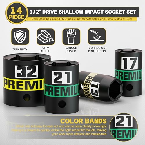 Image of 14-Piece 1 /2 inch Drive Shallow Impact Socket Set, 11-32mm, Semi-Deep Sockets, CR-V, Socket Set for Automotive and Home, Metric, 6 Point