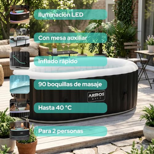 Miniatura 2 de Arebos Bañera De Hidromasaje Con Iluminación Led Spa Hinchable Interior Y Exterior 190x120 Cm Ovalada 2 Personas 90 Chorros De Masaje Con Calefacción 550 Litros Incl. Cubierta