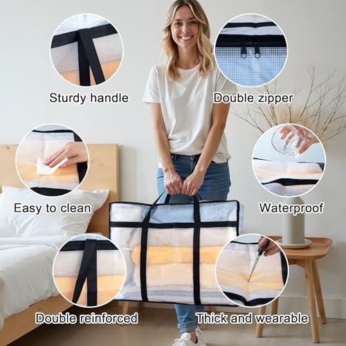 4 Pack Clear Blanket Storage Bags with Zipper, Vinyl Foldable Moving Bags Closet Organizers and Storage Containers for Bedding, Blankets, Comforters, Clothing, Toys, Quilt, Duvet, 40L