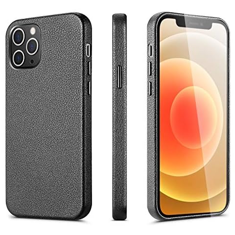 ILOFRI Compatible with iPhone 12,iPhone 12 pro Case, Premium Real Leather Case,Scratch Resistant, Slim Full Protective Phone Case for iPhone, 6.1'' - Black -Litchi Grain Cover