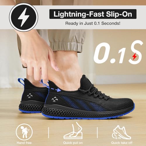 SPIEZ Safety Shoes for Men Women,Lightweight Work Sneakers with Breathable Mesh, Composite Toe, Non-Slip Sole, Easy Pull-On Design.Ideal for Construction, Warehouse & Daily Use, Black/Blue2