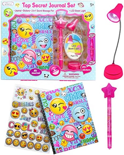Emoji Sticker Diary Journal Kit for Tween Girl Gifts | Invisible Ink Pen Stationery Set for Kids | Children’s Journal Diary with Emoji Stickers | Light-Up Diary for Girls Ages 8-12 with Booklight
