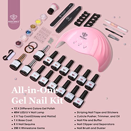 Modelones Gel Nail Kit with 48W Lamp - 12 Colors Pink Gel Nail Polish Set with Lamp Starter Kit, Glossy & Matte Top and Base Coat, Manicure Tools for Beginner DIY at Home - Image 4