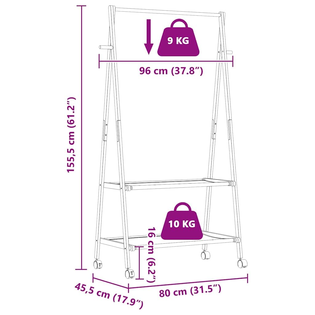 Kleiderständer aus Bambus mit Ablagen und Rollen 96x45,5x155,5 cm, klappbar und rollbar, Garderobenständer mit Kleiderstange, Ablageflächen