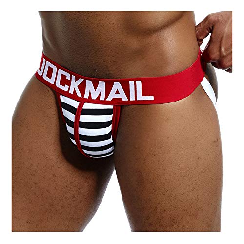 JOCKMAIL Sexy Hommes Jock Straps Sous-vêtements Coton Rayé Jocks Bikini G-strings Hommes Slips Homme Briefs Gay Strings Sous-vêtements, Rouge, L