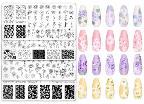 JarThenaAMCS 4Pcs Floral Nail Plates Stamping Set Spring Summer Flower