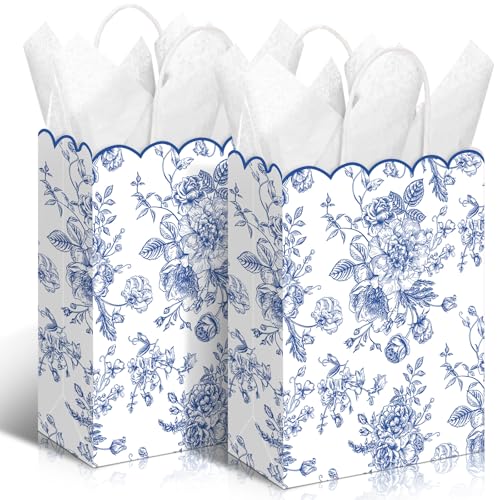 Kolldenn 24 Pcs Blue Floral Gift Bags with Handles Wildflower