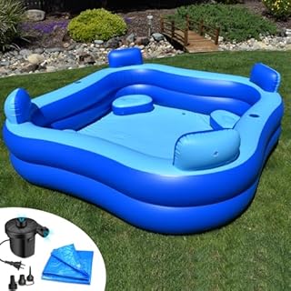 Rukala Inflatable Pool Bundle with Seats & Headrests - 8ft x 8ft - Electric Pump and Ground Tarp Included - Fast Setup and Reinforced Seams