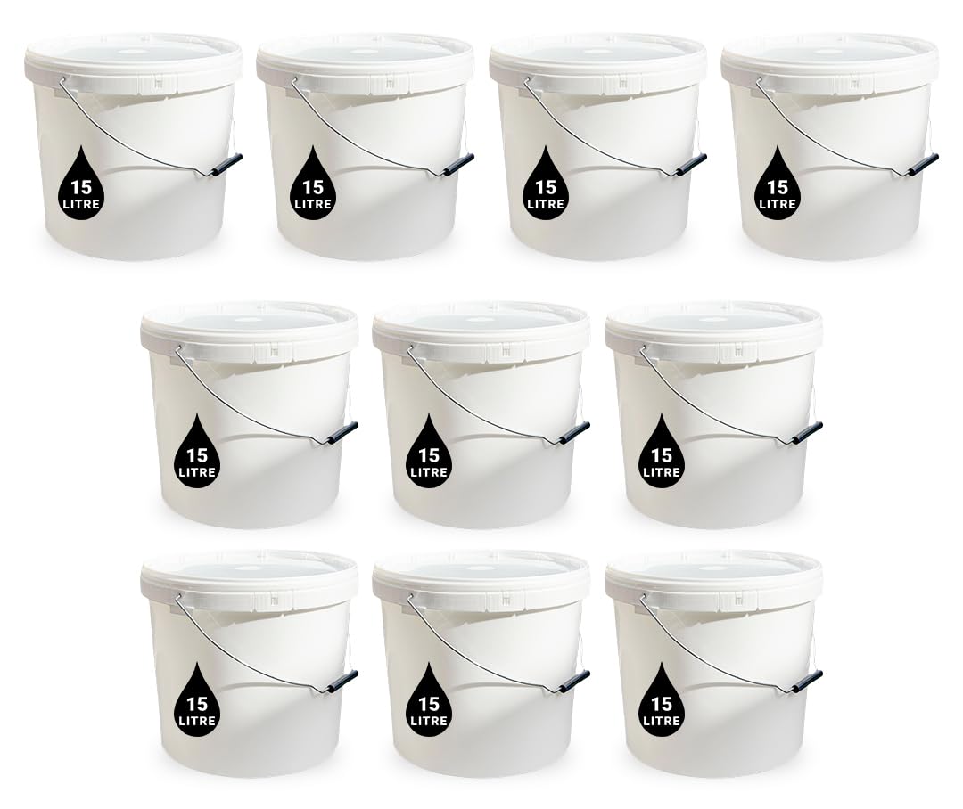 10 x 15L Plastic Bucket Pail + Handle & Lid - Heavy Duty ¦ Food Grade BPA Free ¦ Multi-use Fermentation Feed Dry Food Liquid Chemicals Hydroponics Storage Container WHITE — image 1
