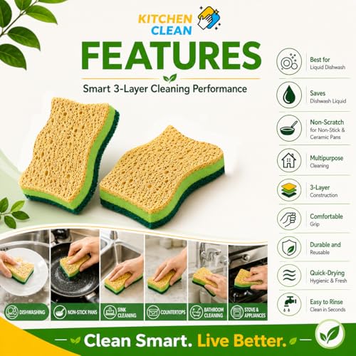Image of Kitchen Clean 2 in 1 Cellulose Sponge Scrub Pack of 2 | 3-Layer Dish Wash Scrubber Sponge | Non-Stick Safe for Ceramic Pans, Cookware, Utensils & Kitchen Cleaning