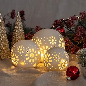 Gadgy® Set of 3 x LED Decorative Light Balls Including 24 LED Fairy Lights, Handmade, Ceramic Balls with Perforation, Shadow Effect, Diameter 8/10/12 cm