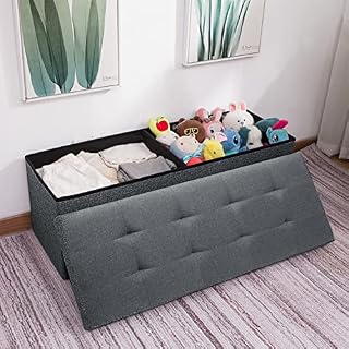 Dripex Large Foldable Storage Ottoman Box Footstool, Fine Linen Seat Bench Footrest, Max Load Up 300Kg, With Fastening Divider, For Living Room Bedroom Hallway, 110×38×38cm(Dark Grey)