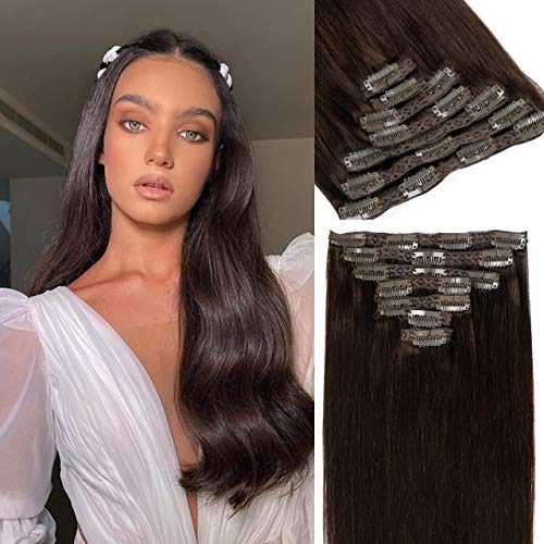 Lacer Hair Extensions Clip In Real Human Hair Extensions 140g 7 Pieces Silky Straight Weft Remy Human Hair Clip in Hair Extensions Darkest Brown #2 20 Inch