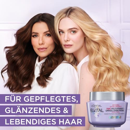 L'Oréal Paris Elvital Hydra Hyaluronic feuchtigkeitsspendende Haarmaske für glänzendes Haar, Hyaluron Intensivkur für einen Feuchtigkeitsboost, bis zu 72h langanhaltende Feuchtigkeit und Pflege, 300ml