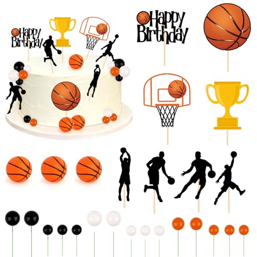 Hooqict 26Pcs Basketball Cake Decorations Set with Mini Balls Players Happy Birthday Basketball Cake Toppers & Cupcake Toppers for Kids Boys Men Sports Themed Basket Ball Birthday Party Decorations
