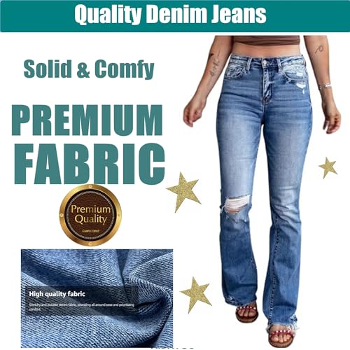 Ripped Flared Jeans Frayed Edges Bootcut Stretchy Subtle Flare Denim Pants Long Length Light Blue2