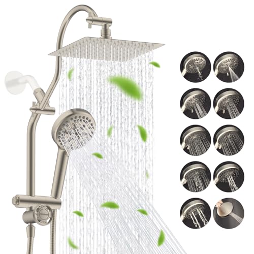 Image of Hibbent High Pressue All Metal 8 inch Rainfall Shower Head, Handheld 10-Spray | cUPC Certified Brushed Nickel Dual Showerhead Combo, 4-way Diverter with Pause Mode, Brass Extension Arm, 71'' Hose & Holder
