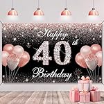 Happy 40th Birthday Backdrop, 40th Birthday Decoration for Women, 40 Birthday Party Yard Sign Banner, Forty Year Old Birthday Photo Props Decor Supplies, Fabric, Rose Gold