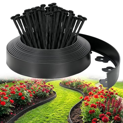 Velway Landscape Edging Kit 40 FT, No Dig Garden Edging Border with 60 Spikes, 2 Inch High Heavy Duty Plastic Lawn Edging for Flower Beds, Walkways & Yard Landscaping, Black