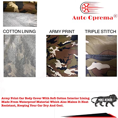 Image of Auto Oprema Waterproof Car Body Cover with Mirror and Soft Cotton Lining (Triple Stitched) (Army Jungle Print) Compatible with Polo GT Car Bumper to Bumper Accurately.