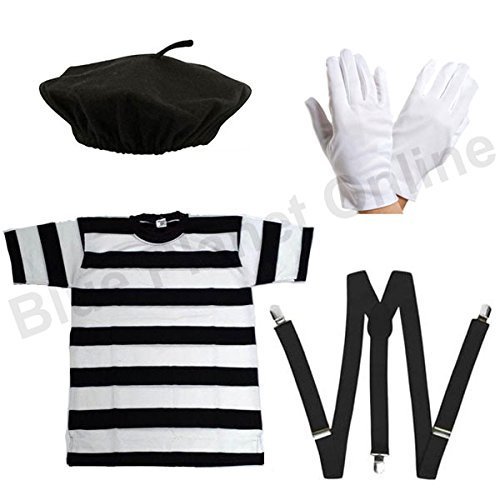 Uomo francese, costume fantasia nero e bianco, con maglia a righe + basco rosso o nero + baffi neri + ghirlanda di cipolla/aglio, set outfit uomo francese