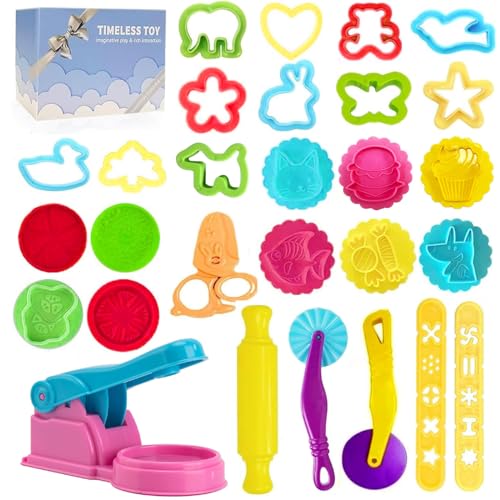 Decebaya Teigwerkzeuge für Kinder - Spielzeugzubehör beinhaltet Kuchenstempel, Schneider, Scherenwalze, Extruder-Formen und Aufbewahrungsbox, Partyzubehör, Set für Kinder von 2–8 Jahren