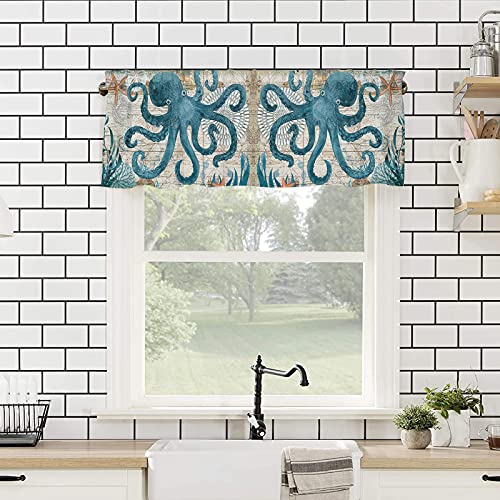 Homechoid Sea Octopus Curtain Valance For Windows/Living Room/Kitchen/Bathroom/Farmhouse, Hawaiian Ocean Animals Nautical Map Short Rod Pocket Tier Curtain Window Treatment, 1 Panel 54X18 #TOP3