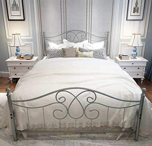 Yerperfo Vintage Sturdy Metal Bed Frame Queen Size With Vintage Headboard And Footboard Platform Base Bed Frame No Box Spring Needed Steel Bed，Gray Silver，Queen. #TOP2