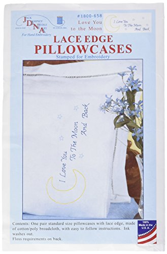 Jack Dempsey Needle Art Jack Dempsey 1800-658 Stamped Pillowcases with Lace Edge (2 Pack), Love You to The Moon, White